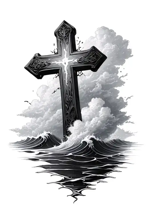 realistic cross and clouds surrounding and water waves tattoo design idea