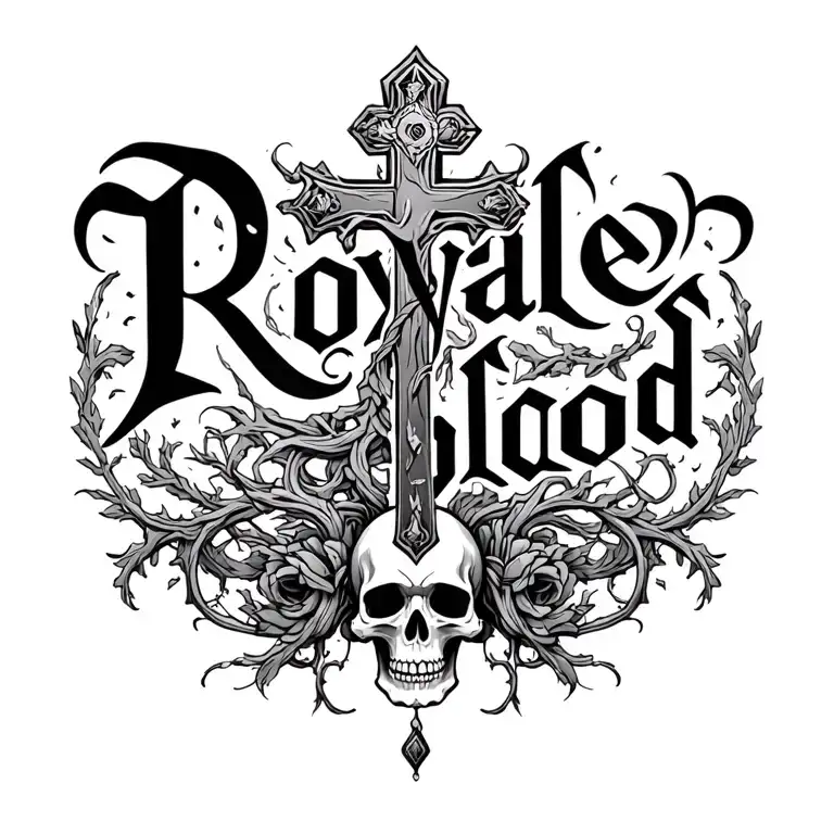 "royal blood" cross and skull and vines wrapped tattoo design idea