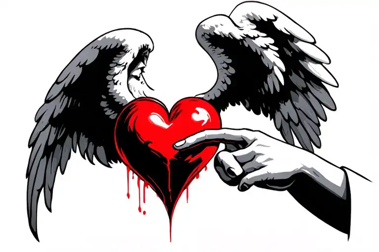 crying angel pointing towards heart tattoo design idea