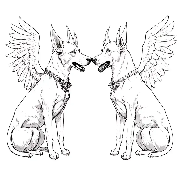 Two Victorian borzoi hounds as angel and demon facing each other tattoo design idea