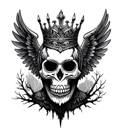 dark gothic mexican skull wings crown owl trees thunder  tattoo design idea