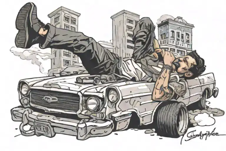Man falls on roof of car. Lying on his back on roof of broken car and smoking tattoo design idea