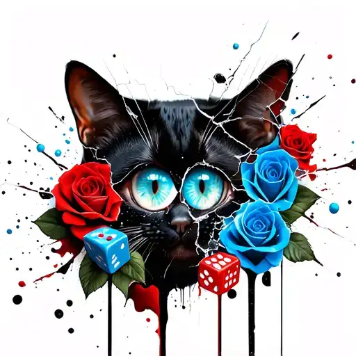 Bad luck symbols, broken mirror, black cat, black and blue roses, snake eyes dice tattoo design idea
