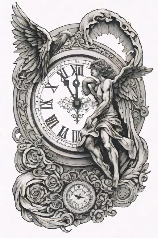 An angel and behind it a clock with Roman numerals tattoo design idea