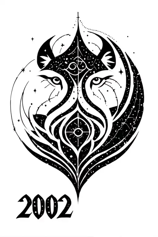 Style: Symmetrical tribal, Constellation: Ursa Major (dotwork), Text: “2002” blended into tribal lines, dark, intricate, tattoo design idea