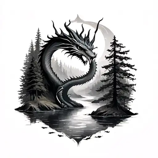 forest crossed by a river that turns into a dragon tattoo design idea