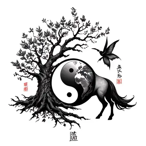 Virgo, Year of the Fire Ox, Earth, yin yang, tree of life, dark fairy tattoo design idea