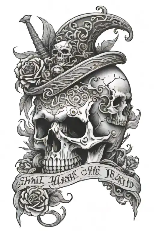 skull and graveyard with "though i want through the valley of the shadow of death i shall fear no evil" tattoo design idea