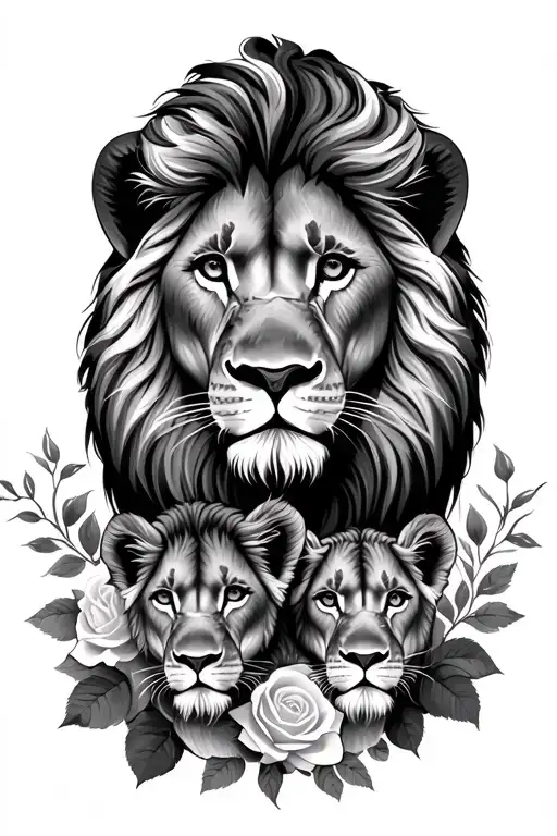 1 king lion with 2 lioness and with 2 cubs with roses tattoo design idea
