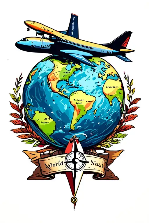 World traveler with globe, compass and airplane tattoo design idea