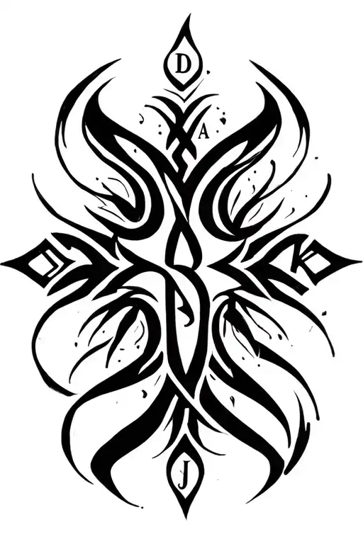 Tribal cross intertwined with initials D, A, B, J, K eligible tattoo design idea