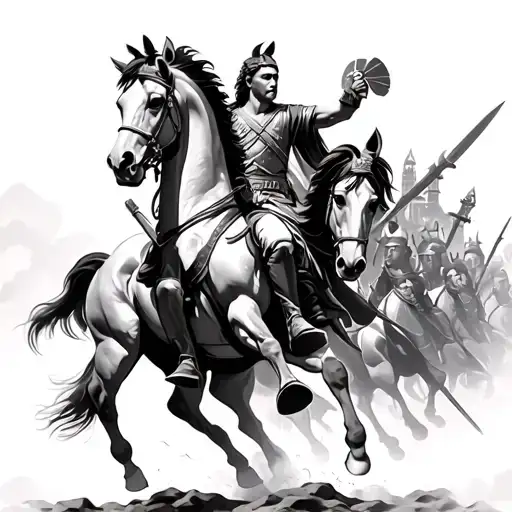 alexander the great on horse in battle with clouss behind him tattoo design idea