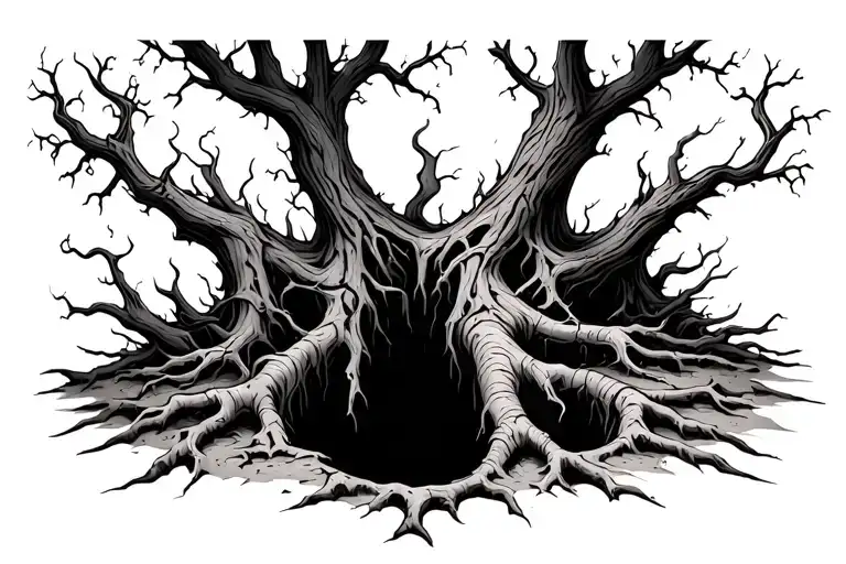 Jagged, cracked hole with deep shading for a 3D effect. Tree roots and vines emerge from inside, starting spiky but smoo tattoo design idea