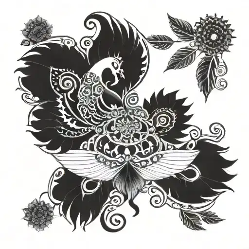 A mandala design incorporating elements of Lord Krishna, bansuri, and peacock feather tattoo design idea