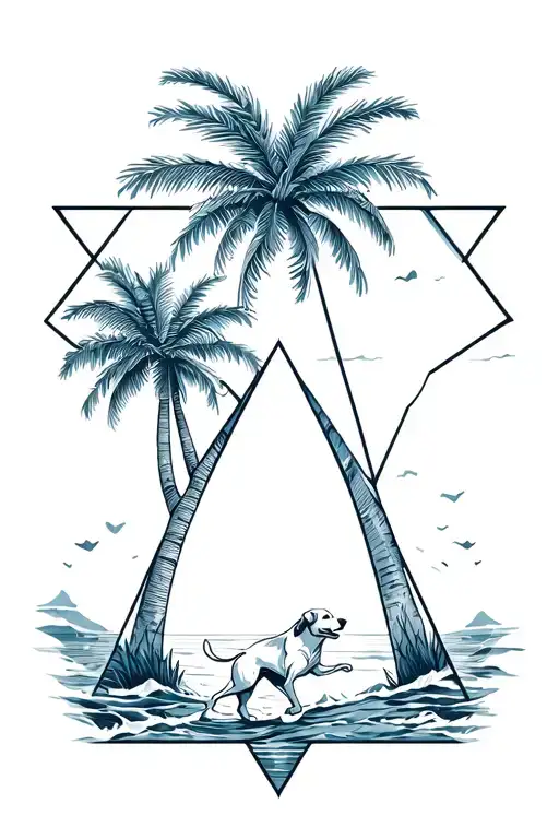Palm tree on left and right, silhouette of golden retriever running, ocean in back, in a diamond geometric shape  tattoo design idea