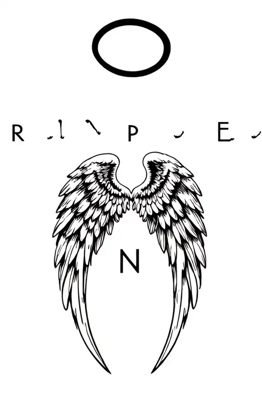 first name pupuce with angel wing and fallen angel halo tattoo design idea