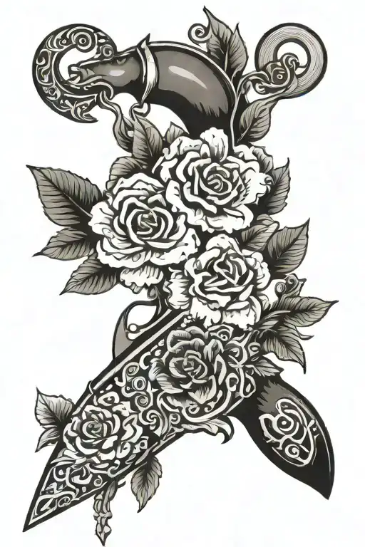 Flower pattern, rifle, horse shoes, bulls head, country style tattoo design idea