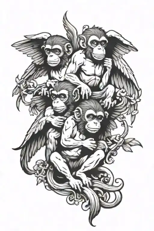 the 3 monkeys as angels with demon wings tattoo design idea