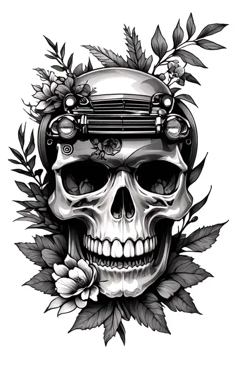 A unique tattoo design showcasing a skull adorned with intricate car parts and natural elements like leaves and flowers tattoo design idea