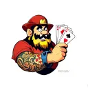 wario holding a poker hand of 5 cards. over his shoulder looking at the hand. its qc jh and 3 jokers tattoo design idea