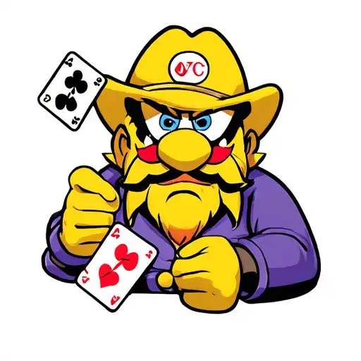wario holding a poker hand of 5 cards. over his shoulder looking at the hand. its qc jh and 3 jokers tattoo design idea