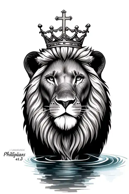  a lion with a cross on its nose and crown on his head with Philippians 4:13 with water and trees as the background  tattoo design idea