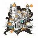 A surrealistic interpretation of Collioure with elements of Dali's art style tattoo design idea