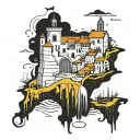 A surrealistic interpretation of Collioure with elements of Dali's art style tattoo design idea