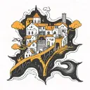 A surrealistic interpretation of Collioure with elements of Dali's art style tattoo design idea