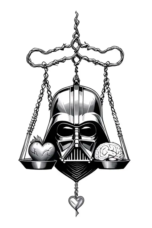 darth vader's broken helmet, libra scales, heart and brain on each scale tattoo design idea