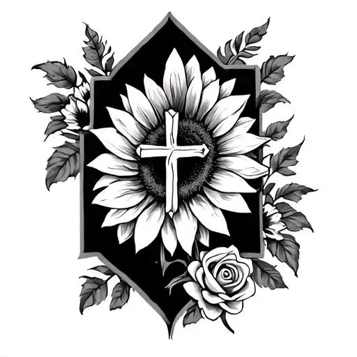 simple cross surrounded by sunflowers and roses  tattoo design idea