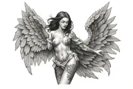 sexy female angel spreading wings, showing full body without clothes facing front tattoo design idea