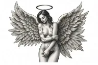 sexy female angel spreading wings, showing full body without clothes facing front tattoo design idea
