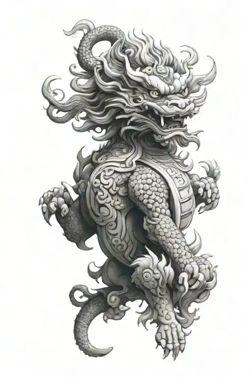 generate black white foo dog sleeve with dragon tattoo design idea
