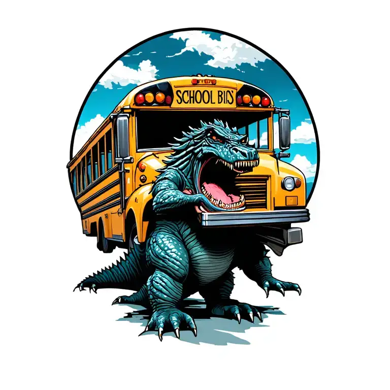 Godzilla chewing on a school bus tattoo design idea