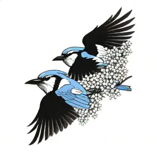 two blue jays flying over Lillie's and baby's breath tattoo design idea