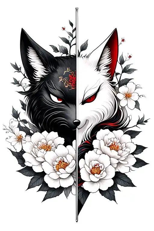 A yin yang tradition kitsune mask split in half by a samurai sword surrounded by peonies and Sakura flowers tattoo design idea