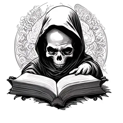 Baby Grim Reaper reading tattoo design idea