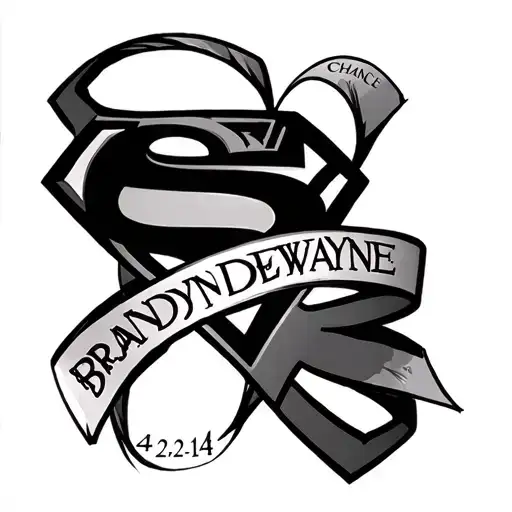 "Brandyn Dewayne Chance 4-22-14" tribal Superman with ribbon wrapped memorial tattoo design idea