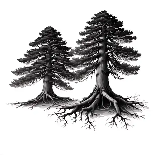 2 redwood trees with intertwined roots reaching deep. one tree is slightly taller than the other. Trees are skinny tattoo design idea