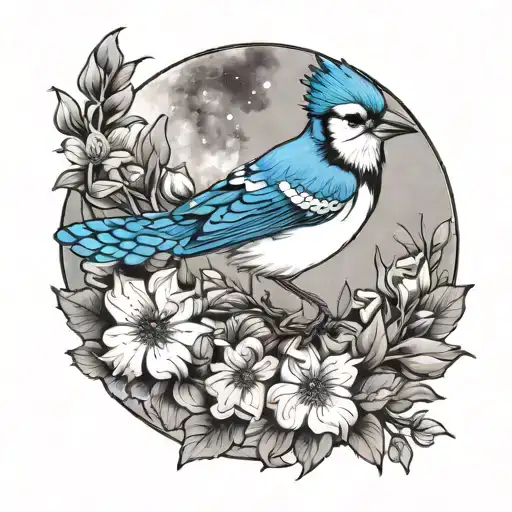 blue jay bird flying, larkspur flower, moon merging together tattoo design idea
