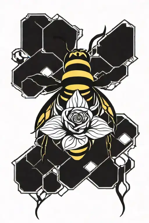 queen bee with crown and single rose and honeycomb tattoo design idea