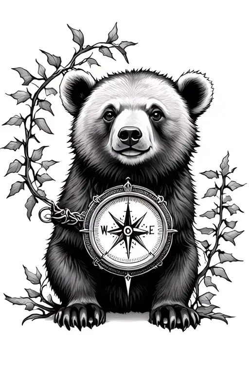 bear cub with compass surrounded with ivy vines tattoo design idea
