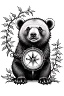bear cub with compass surrounded with ivy vines tattoo design idea