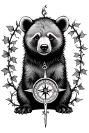 bear cub with compass surrounded with ivy vines tattoo design idea