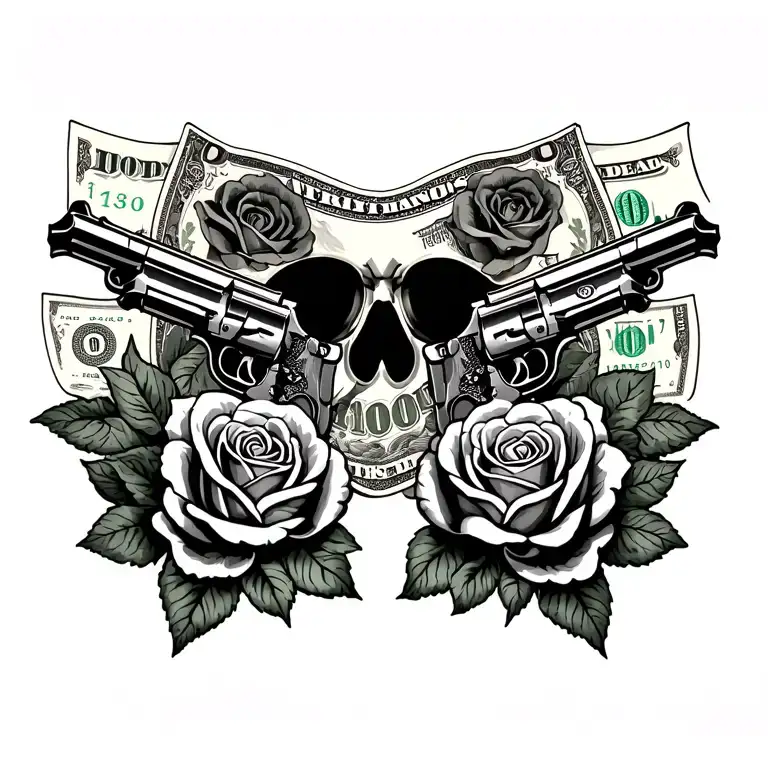 throat tattoo featuring 100 dollar bills forming the shape with roses and banditas holding pistols tattoo design idea