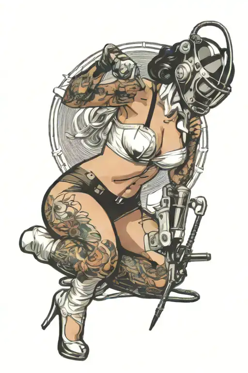 sexy pin up donning welding mask and lingerie, big, round ass, on her knees using torch, she's very fit. not weird look tattoo design idea