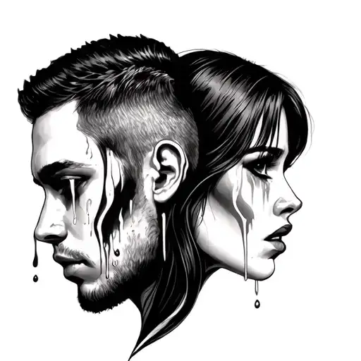 "Cry for me" Two faces in profile, facing each other. The man’s tears form “XO,”  the woman has a cold expression tattoo design idea