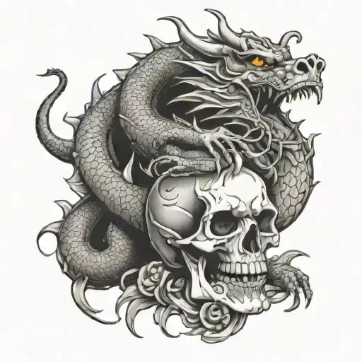 japanese dragon sitting on a skull tattoo design idea