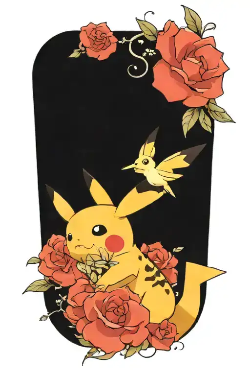 pikachu with  flower tattoo design idea